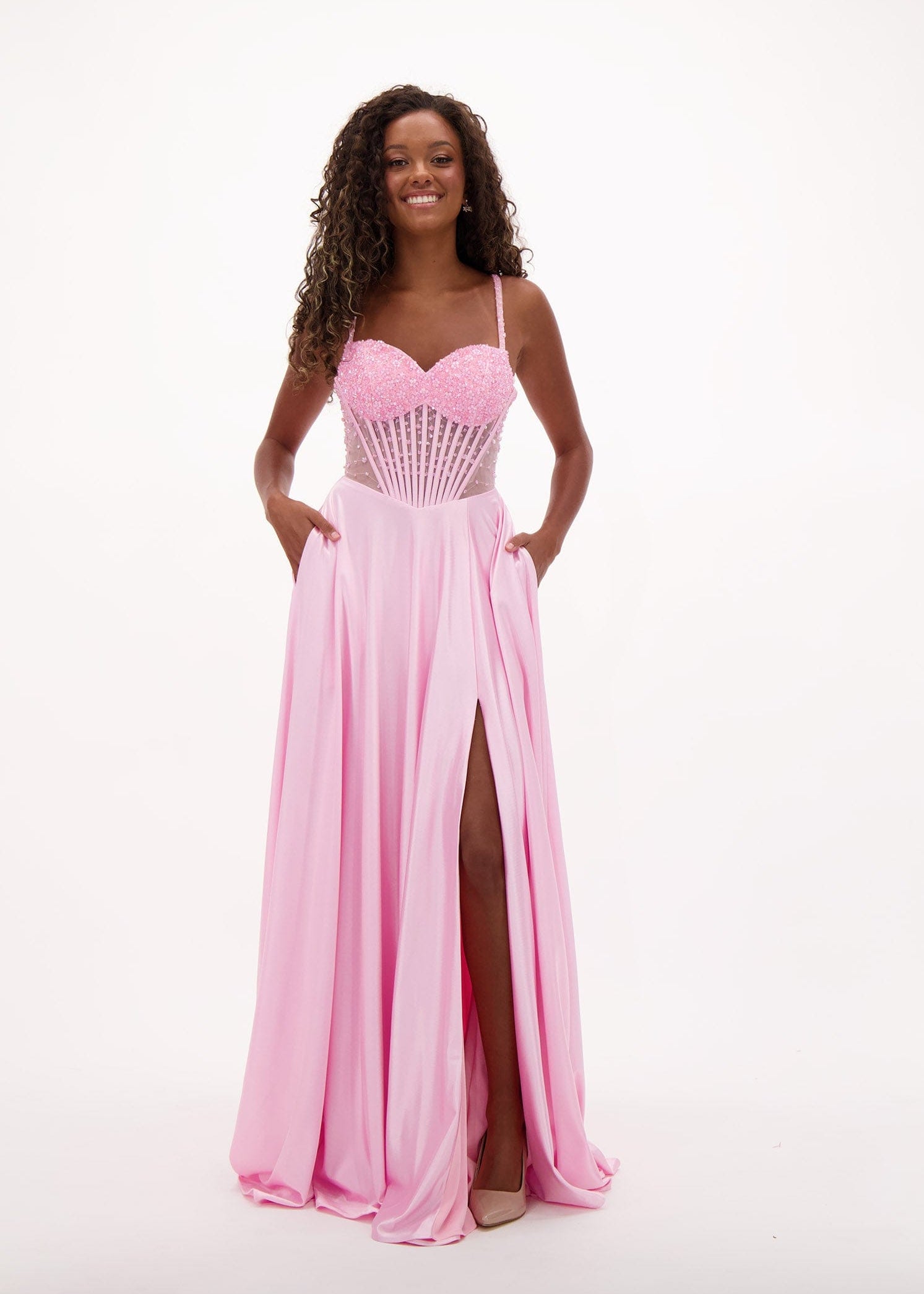 cotton candy prom dress Make a statement in this stunning, shimmering cotton candy colored gown! This dress is perfect for prom, formal events, or any special occasion